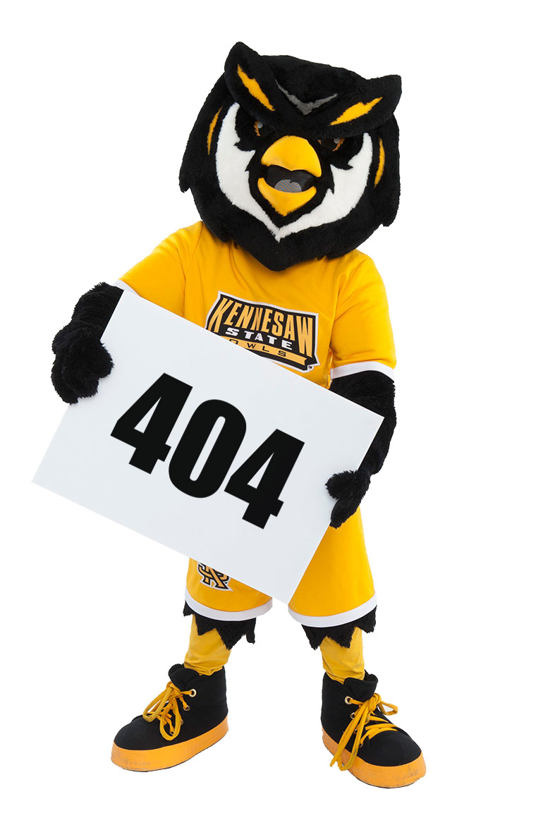 Scrappy the Owl mascot holding 404 error sign