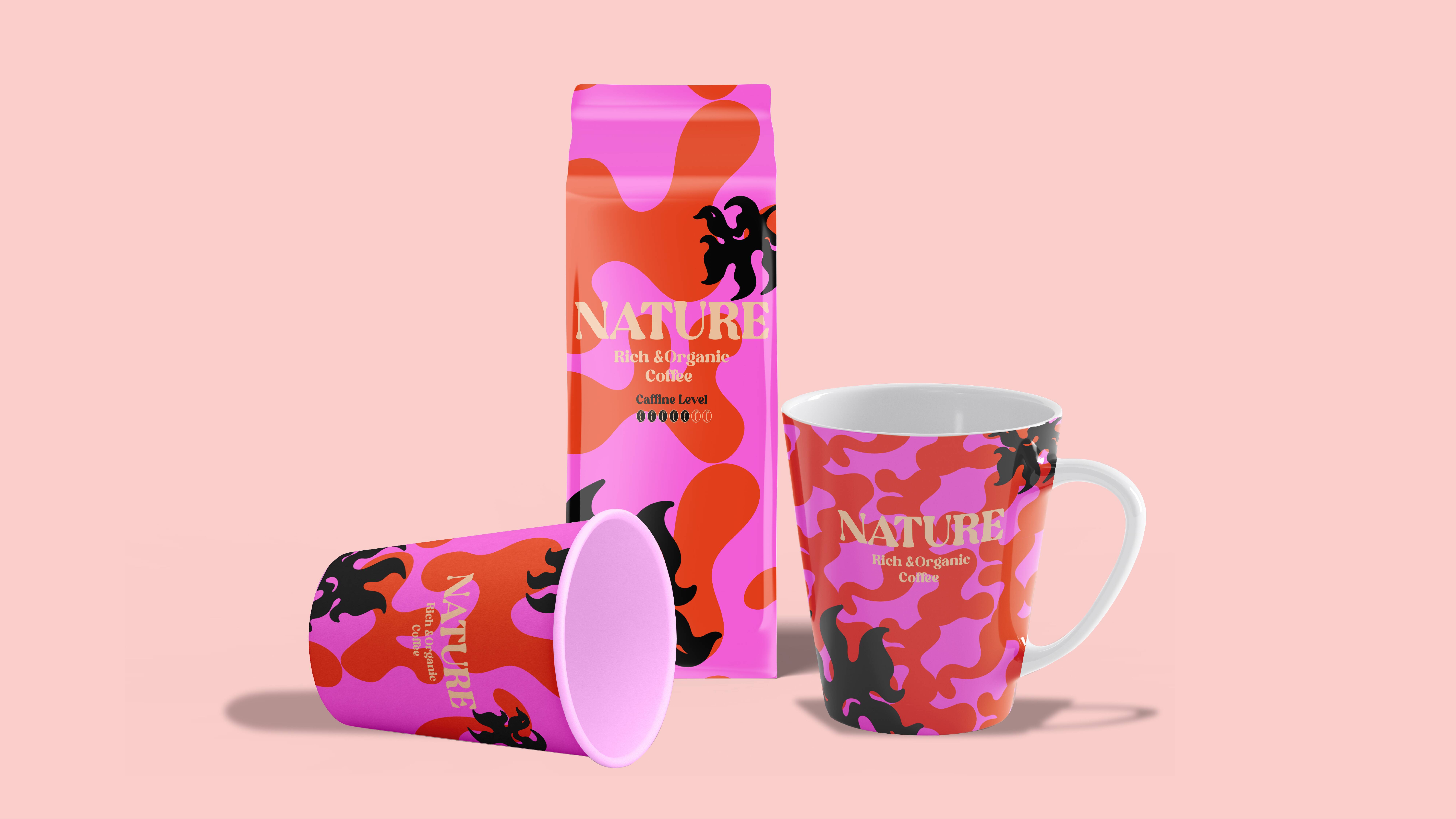 Jaliyah Brantley, "Nature" Brand/Coffee Bean Bag, Cup, and Mug. 2022  / Jaliyah Brantley, "Nature" Brand/Coffee Bean Bag, Cup, and Mug. 2022 