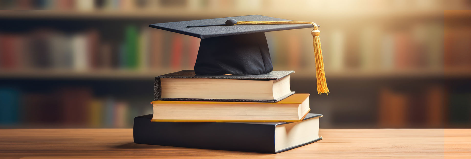 A graduation cap resting on top of a stack of books, with a bookshelf full of books in the background.