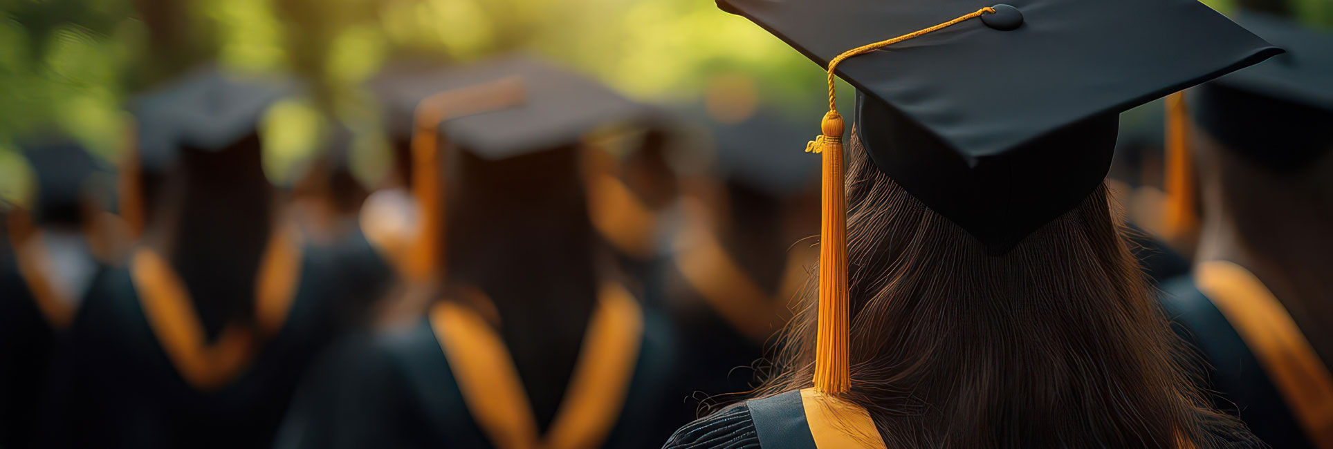 This image is a close-up of two graduates from behind, focusing on their black graduation caps with KSU gold tassels.