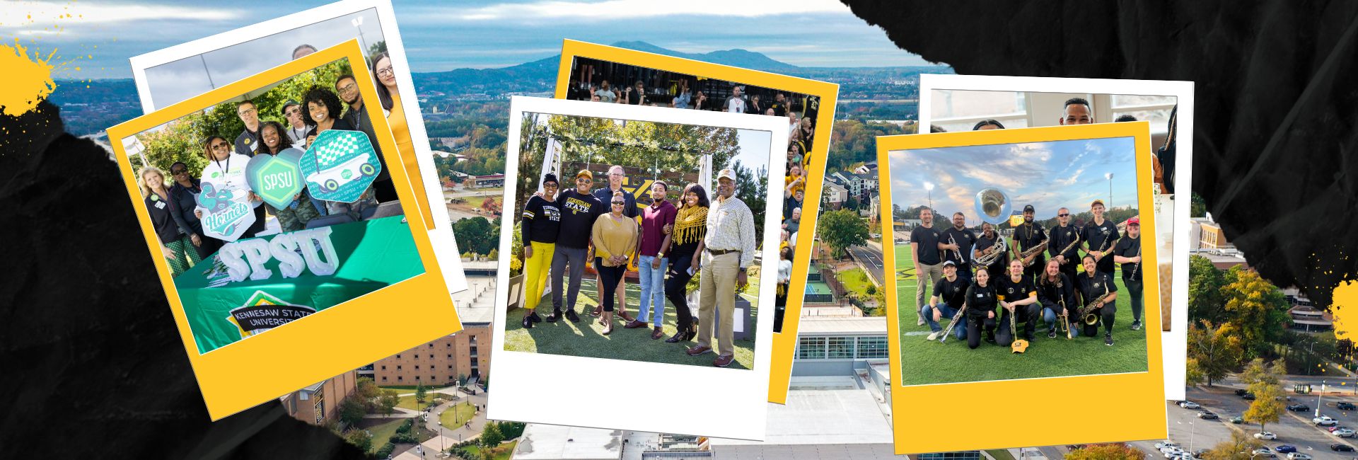 Three photos showing alumni at events overlapping each other and overlaid on the KSU Kennesaw Campus