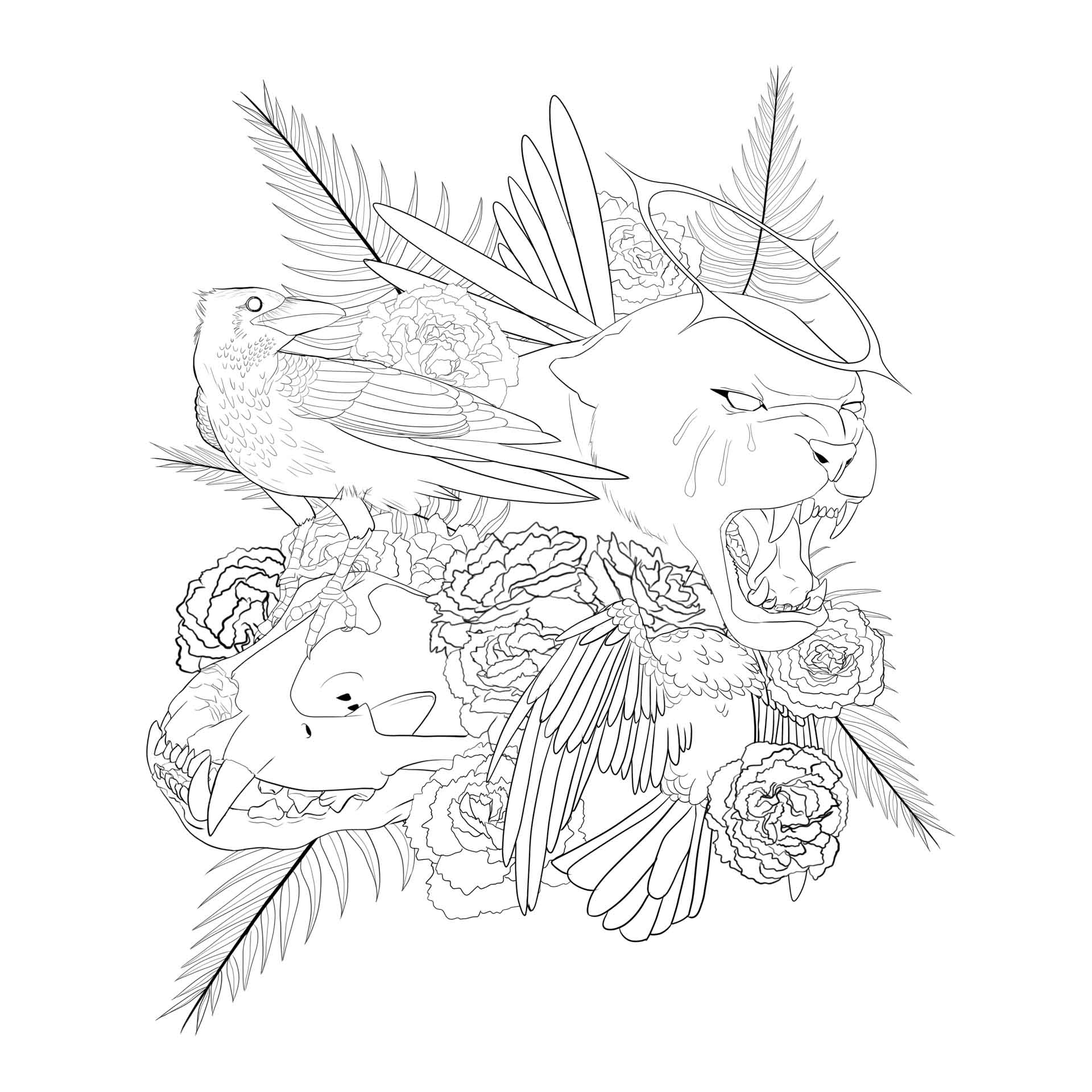  / A black and white illustration containing, crows, a jaguar, a jaguar skull, carnations and palm leaves. 