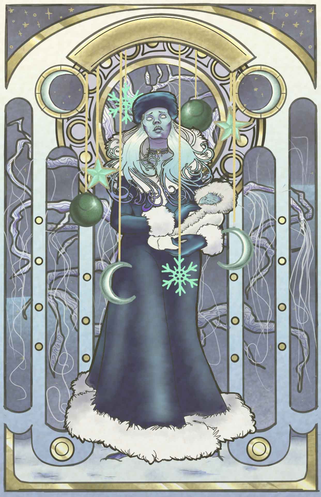  / n
A illustration inspired by Alphonse Mucha. The theme was winter and the object to incorporate into the picture was a "baby mobile." 