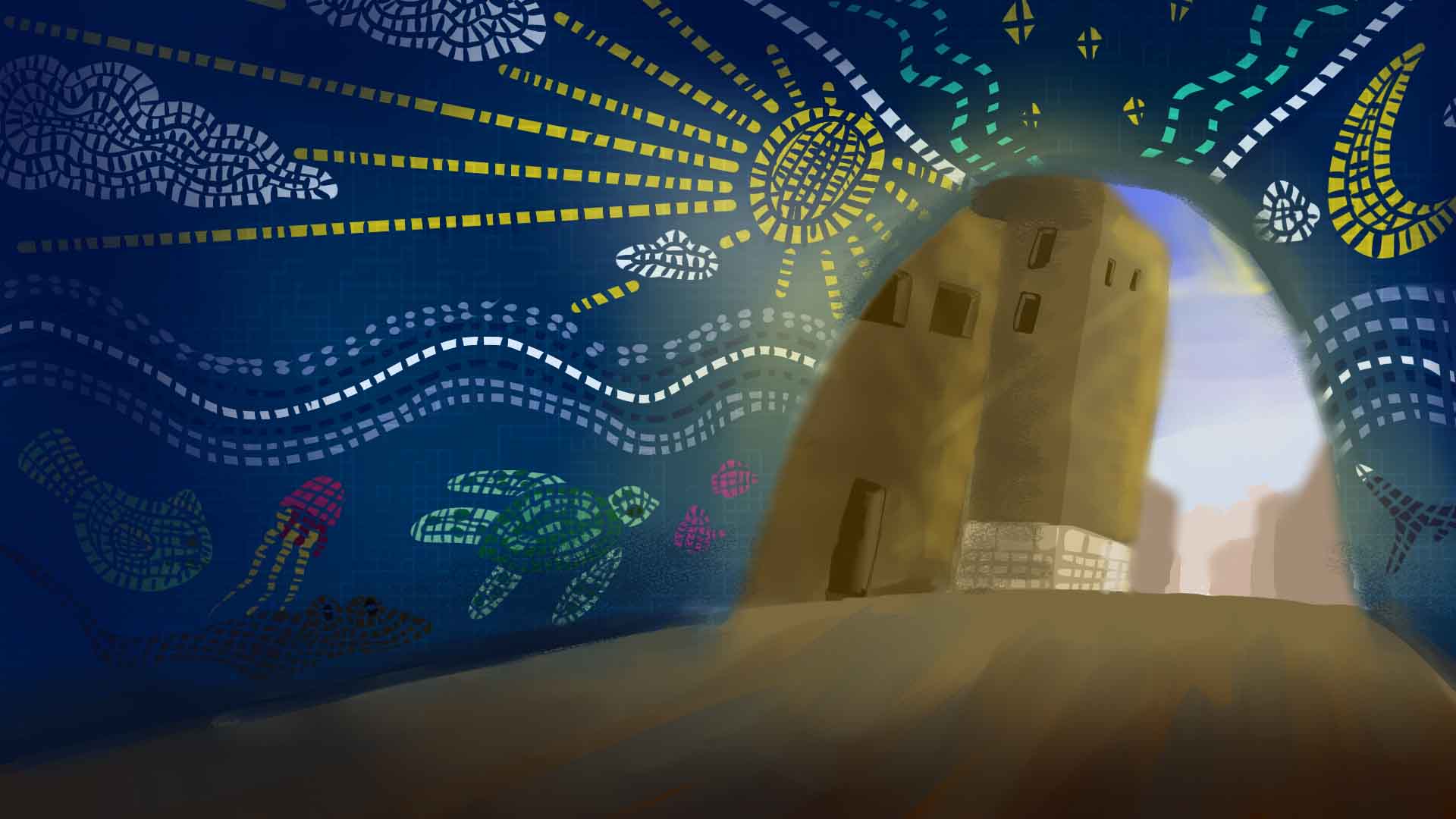  / Environment from the first scene in my senior animation, "Passing Through", showing a colorful mosaic tunnel. 