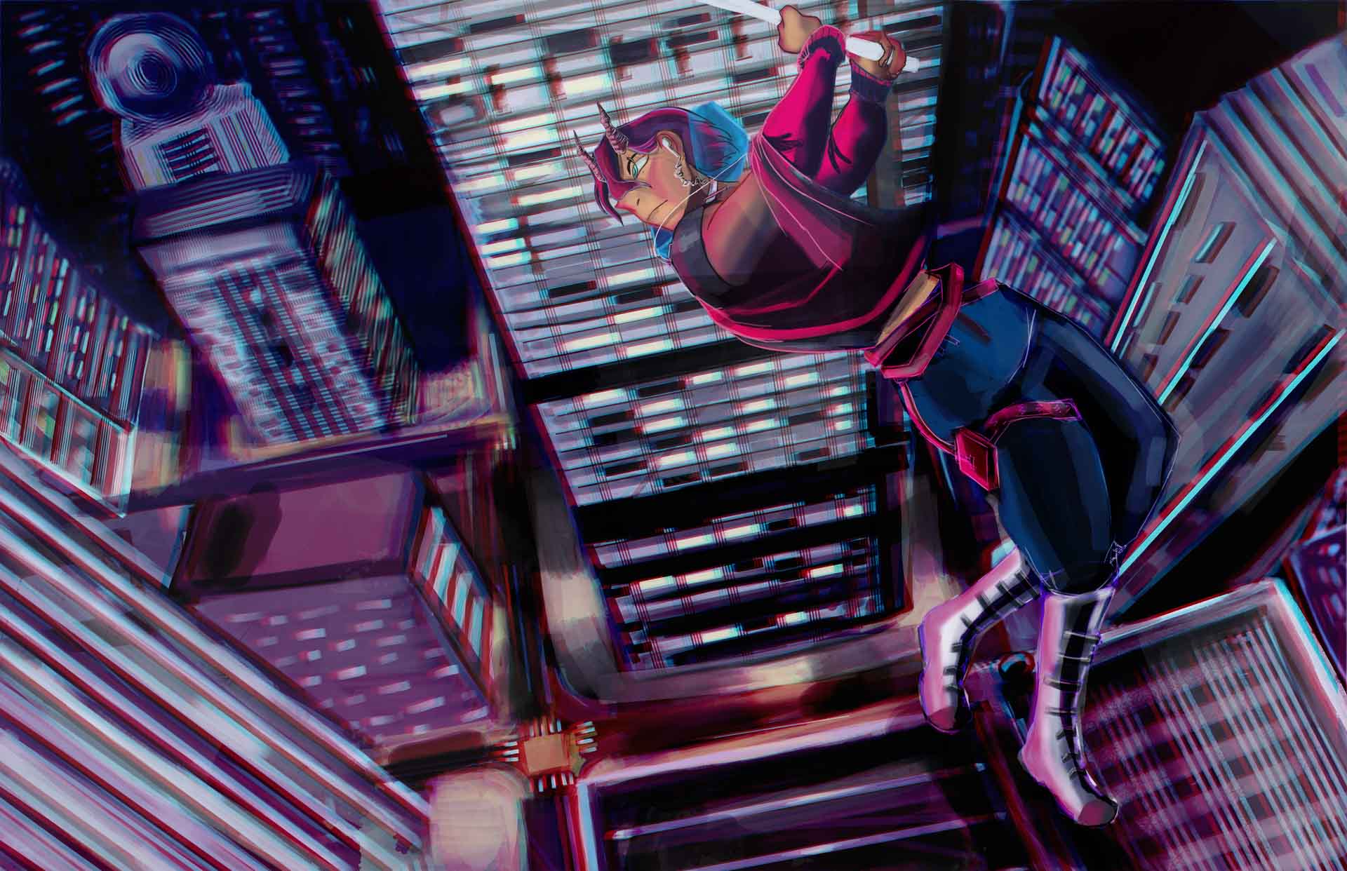  / Keyframe illustration of Luka jumping down from a skyscraper. Created using Photoshop 