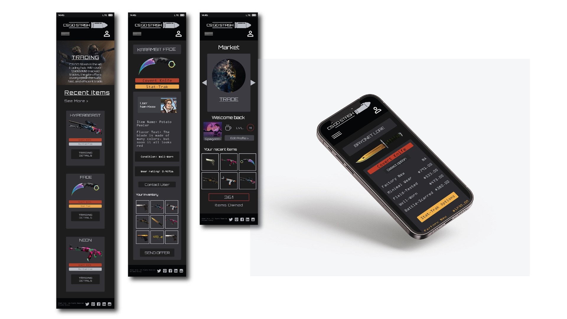 CS:GO Stash / "CS:GO Stash," app redesign, 5.78  x 2.82 phone app, 2022. This app reworks the classic trading system of CS:GO.