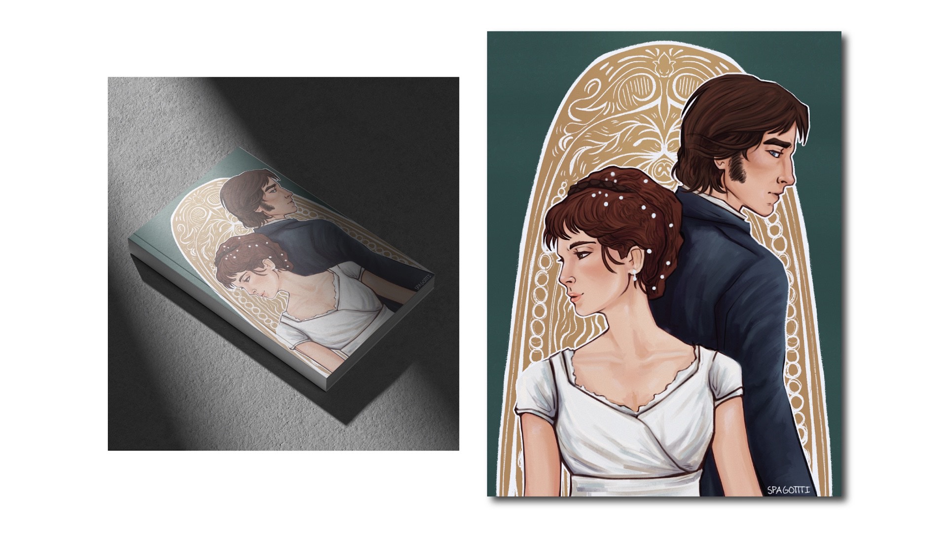 Pride and Prejudice / "Pride and Prejudice," book cover, 5 x 8  inches printed book, 2021. This book cover features a redraw of the iconic ballroom scene with artistic flourish.