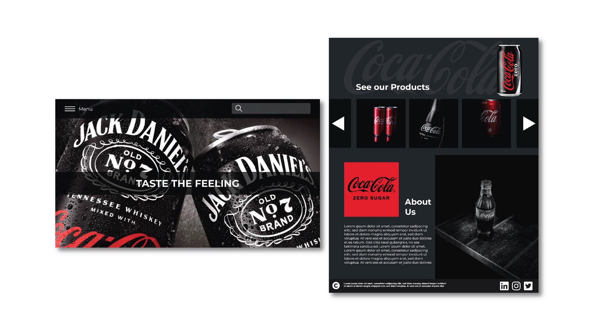 Jack and Coke / "Jack and Coke," website rebrand, 1920 x 1080px Website , 2022. This website displays the new cans of Jack Daniels and Coke branded alcohol.