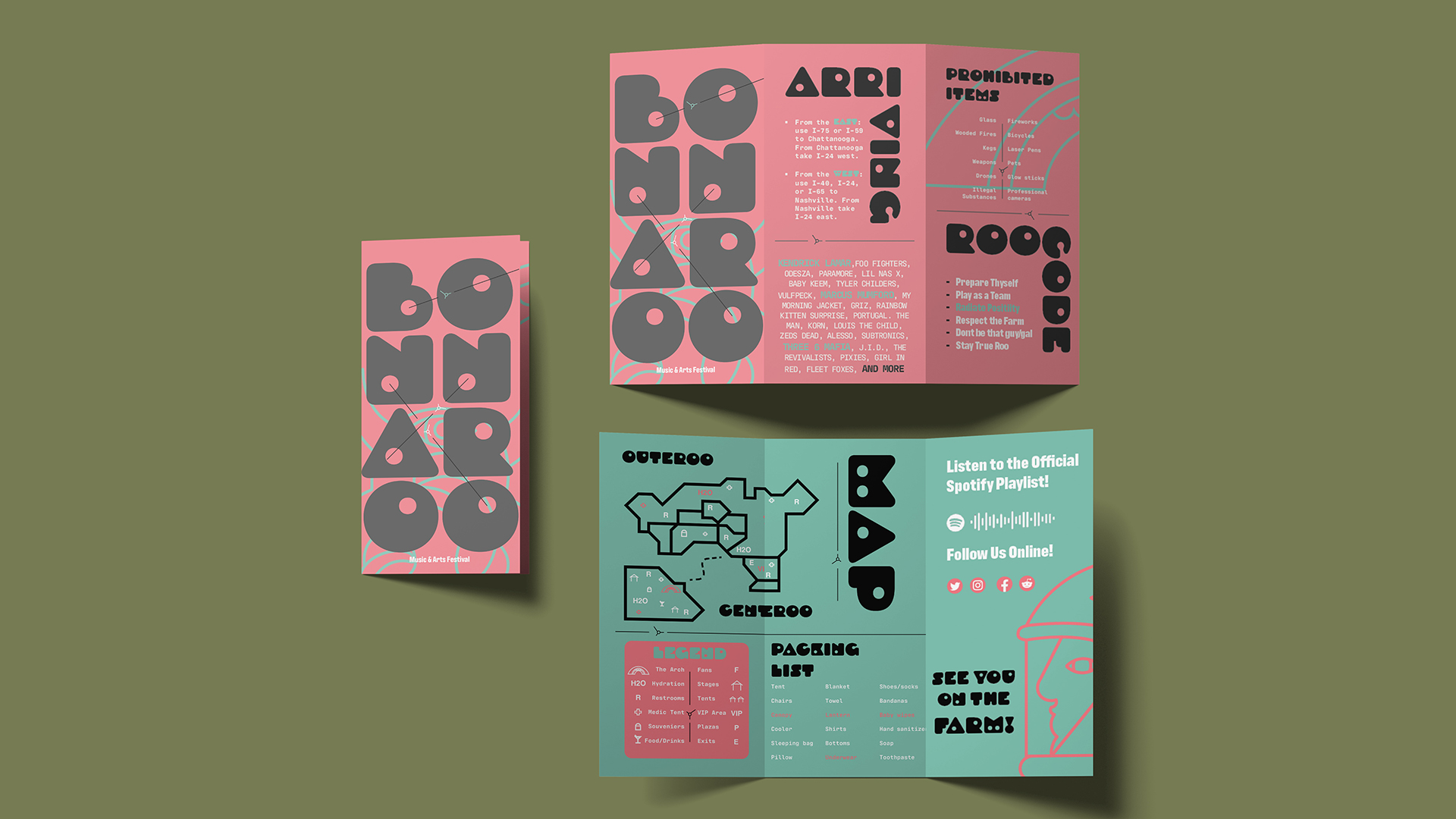 Bonnaroo Music Festival Brochure / “Bonnaroo Music Festival Brochure,” 8 x 3 inches print brochure, 2023. This brochure gives festival goers tips for arriving to the festival.