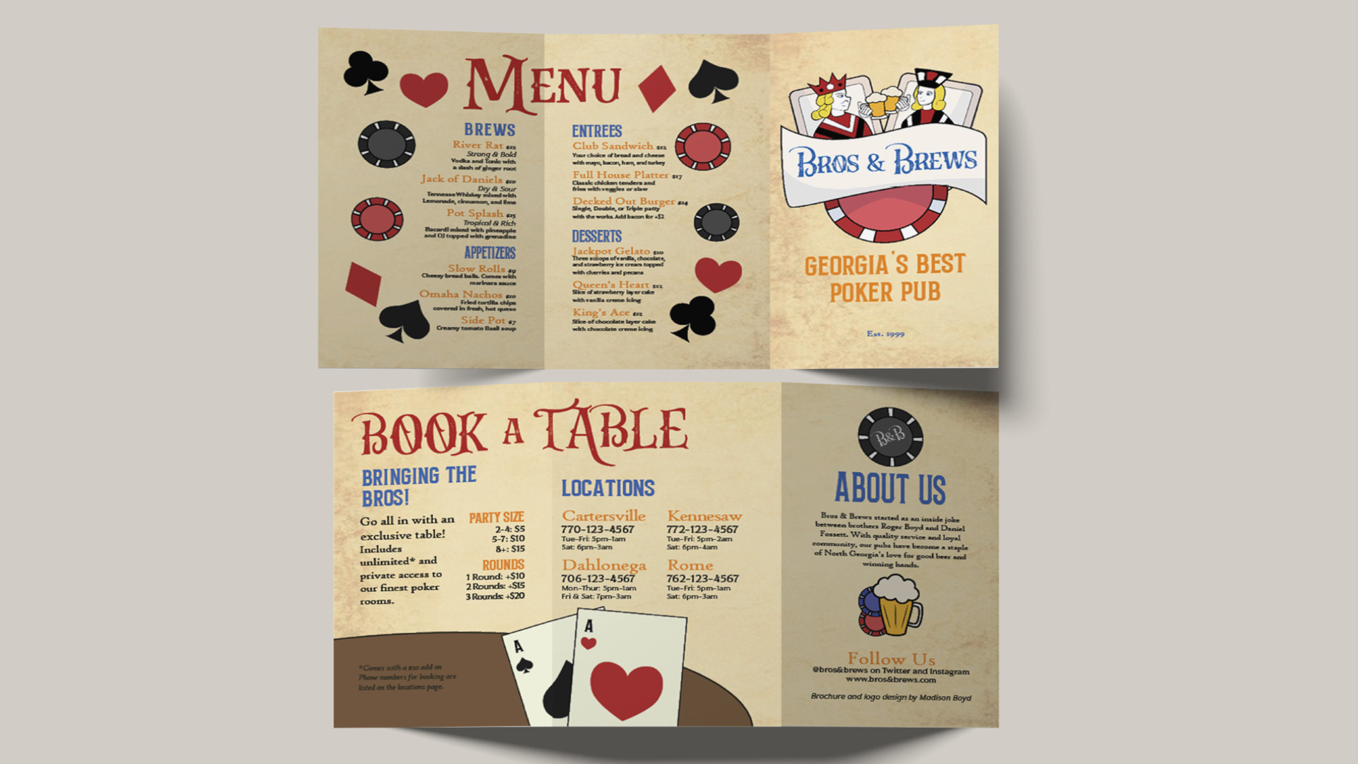 Bros & Brews Brochure / Brochure, 12x7 inch, 2022.
Brochure for a fictional restaurant that displays the menu, locations, and specialties