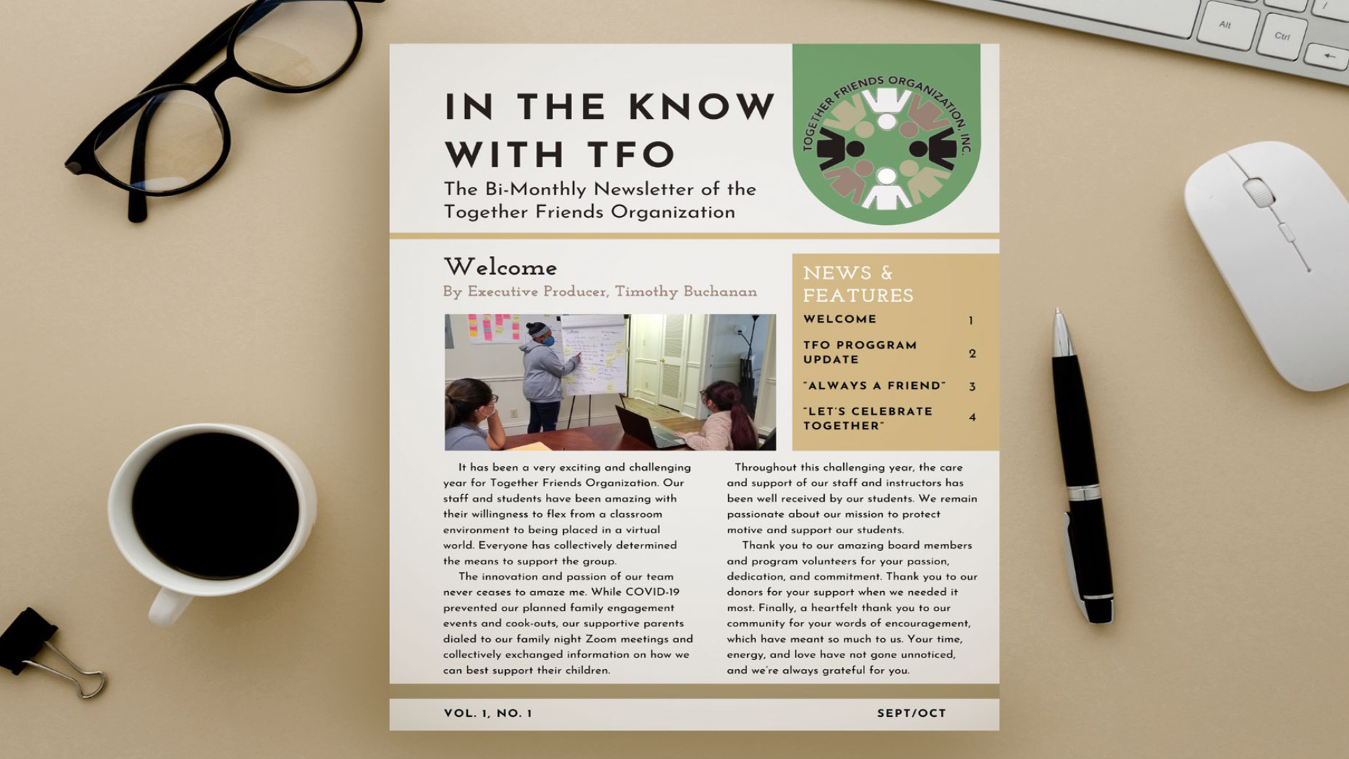 In The Know with TFO / “In The Know with TFO,” Newsletter, 8.5x11 inch, 2024. A newsletter for a local nonprofit organization