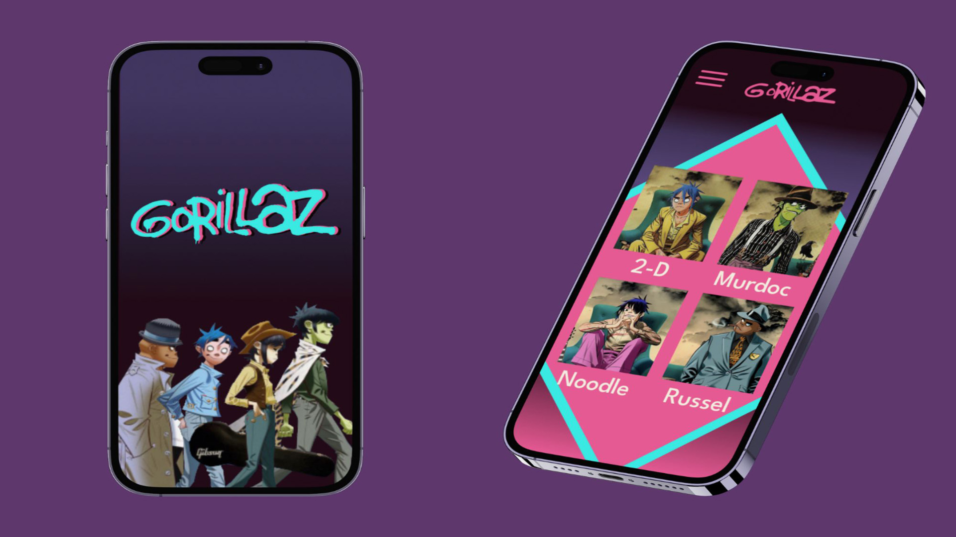 Gorillaz App / “Gorillaz App,”
430x932 px (iPhone), 2023.
This is a group UI design for an app based around the British band, Gorillaz, specifically to introduce the members.