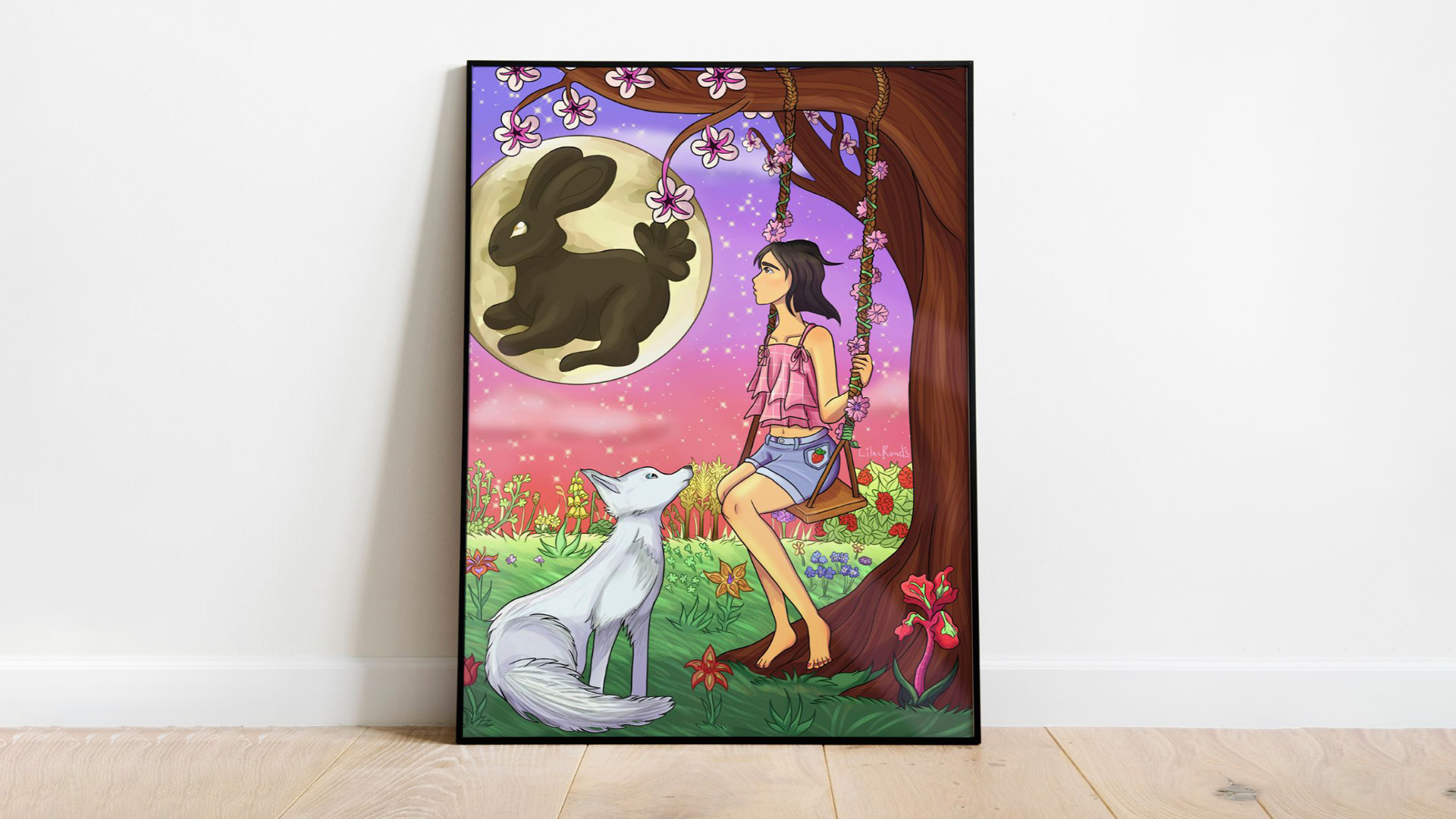 The Girl, The Wolf, and The Hare  on The Moon / “The Girl, The Wolf, and The Hare  on The Moon,” Digital illustration, 7.5x10.5 inch, 2022. This illustration is a personal interpretation of the “Moon Rabbit” legend of Chinese mythology