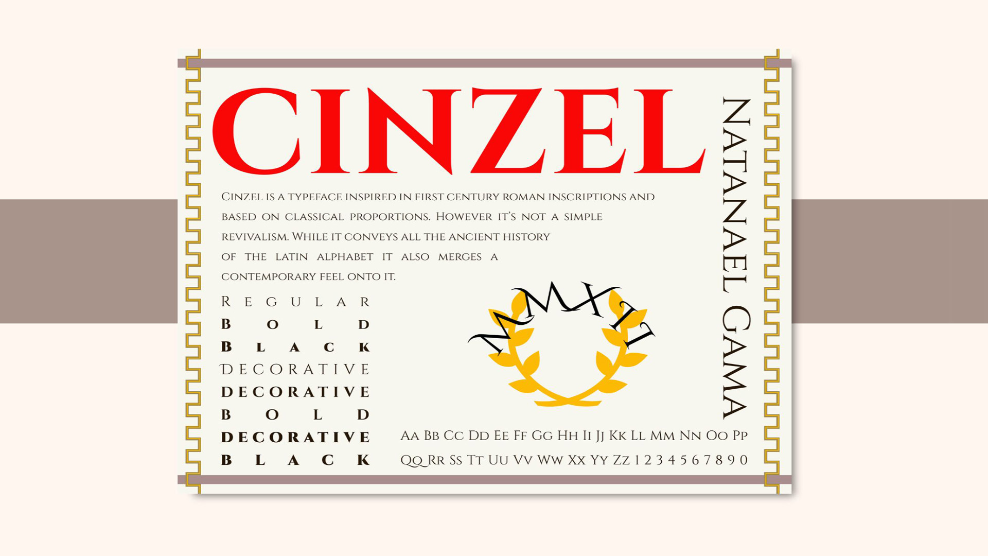 Cinzel / “Cinzel,”
Typeface Poster, 11x8.5 inch, 2023.
This is a poster displaying the characteristics, fonts, and styles of the Cinzel font