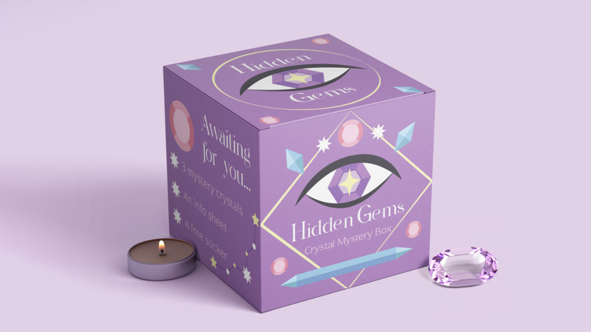 Hidden Gems / “Hidden Gems,” Box Packaging, 2x2x2 inch, 2024. This is a mystery box design for the brand “Hidden Gems”