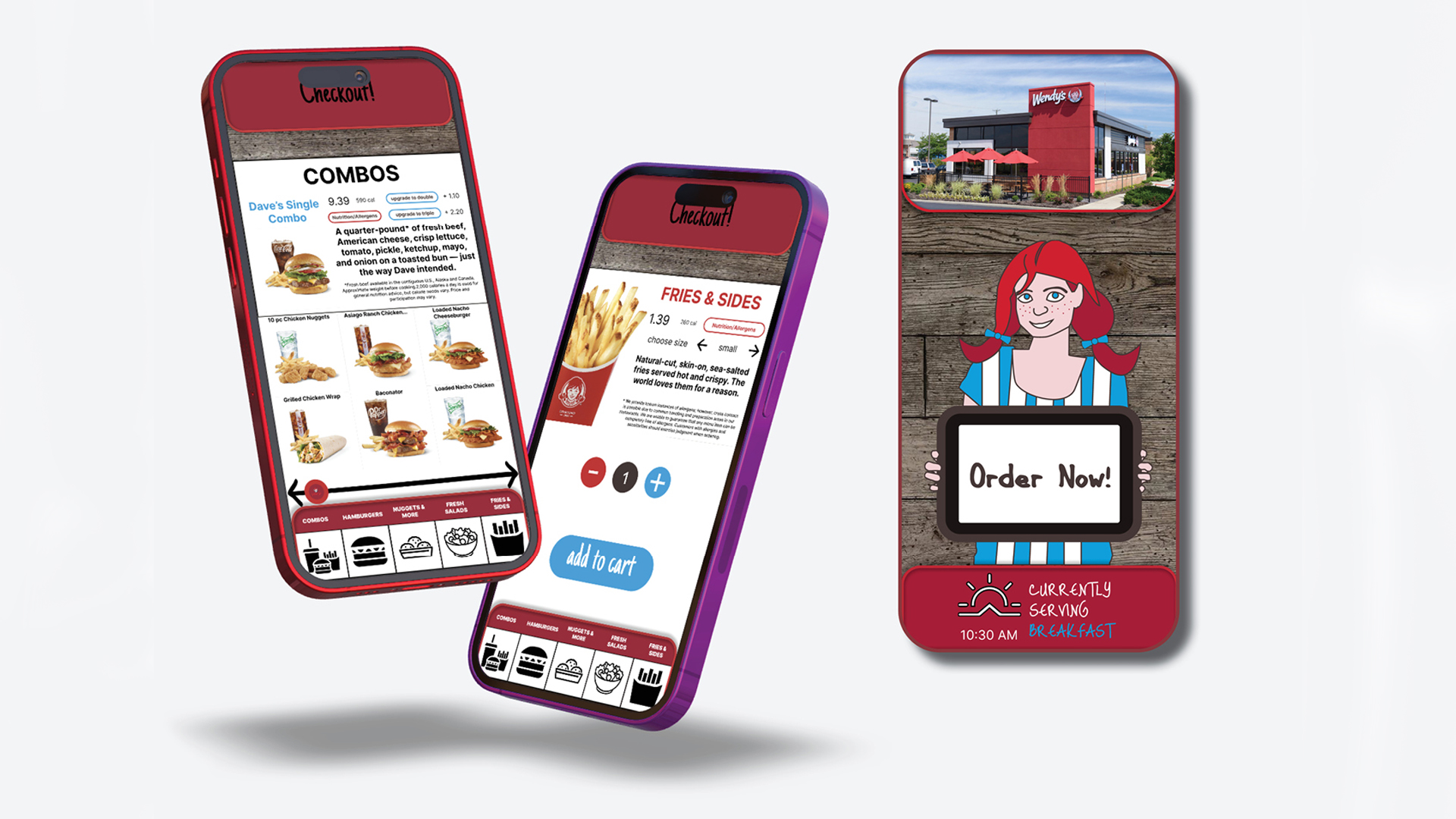 Wendy's Ordering App / Wendy's Ordering App, fast food ordering app, 2023. This app uses an interactive character to serve as virtual assistant for ordering Wendy's Food and asking questions.