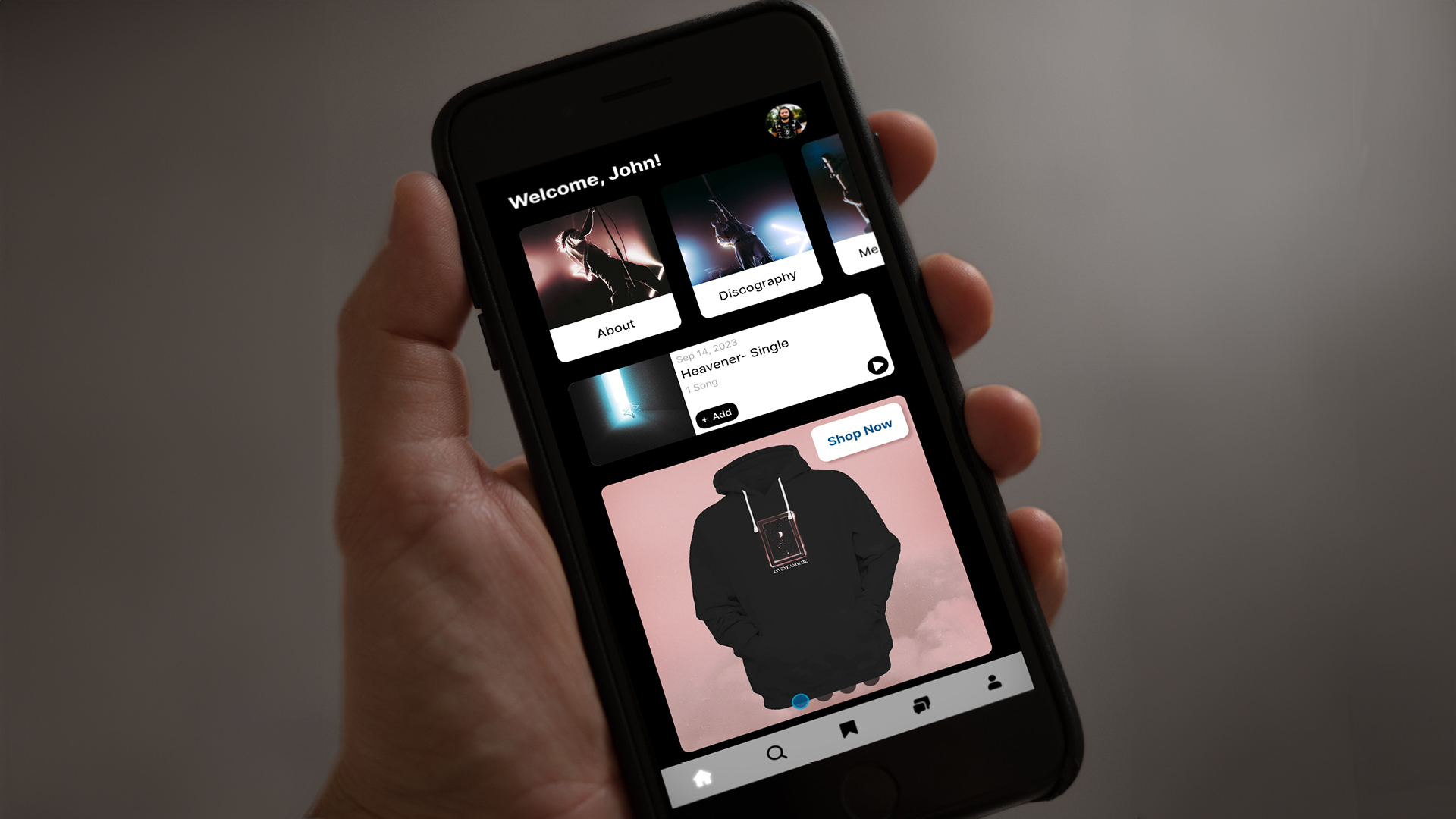 Invent Animate Streaming App / Invent Animate Streaming App, music streaming app, 2023. This music streaming platform seeks to include further community outreach and a focus on local up and coming bands.
