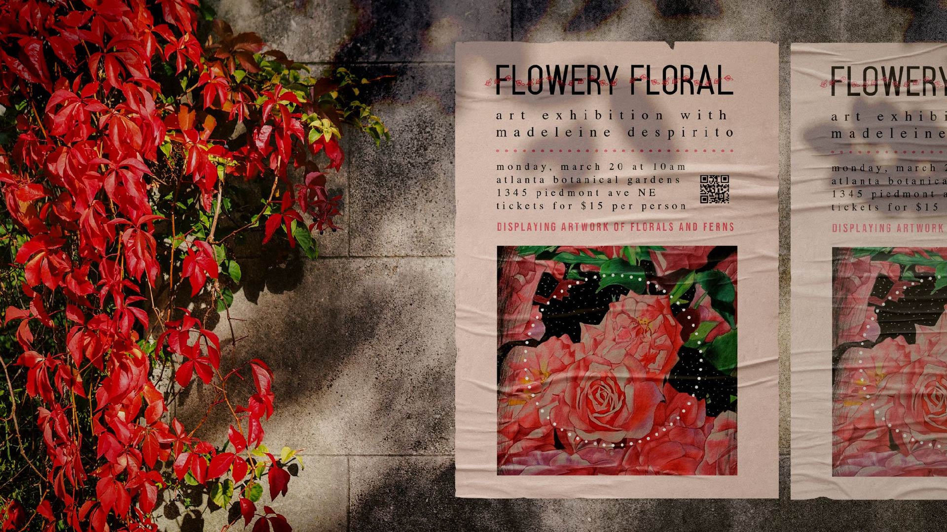 Flowery Floral Art Exhibition / “Flowery Floral Art Exhibition,” art exhibition poster, 11 x 17 inches print poster, 2023. This poster introduces viewers to a new art exhibition with artwork of florals and ferns.