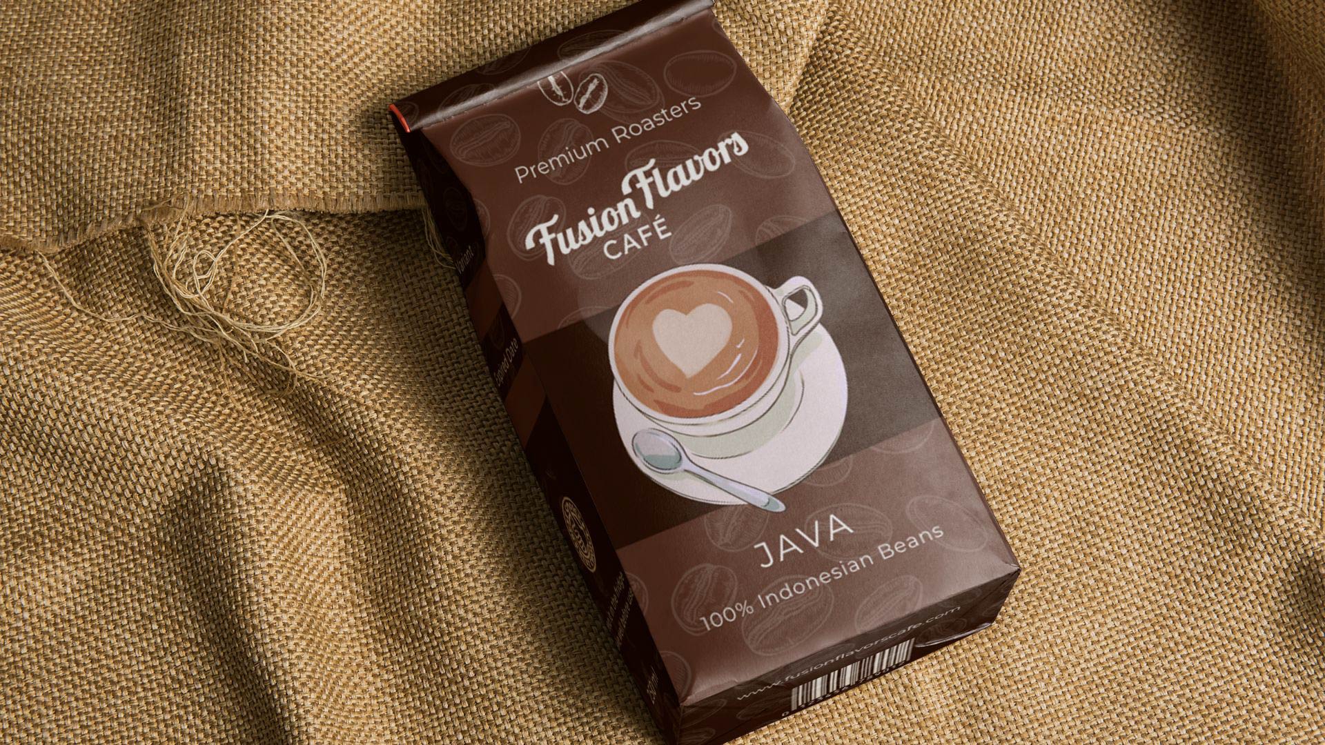 FusionFlavors Coffee Beans / “FusionFlavors Coffee Beans,” packaging, 5 x 2 x 6 inches print packaging, 2023. This packaging displays the branding and theme of the FusionFlavors coffee beans, more specifically the Indonesian Java beans.