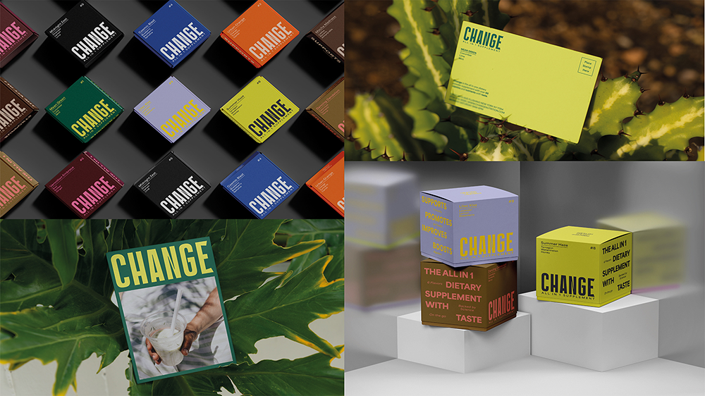 CHANGE / "CHANGE," packaging and postcard ad, 2023. CHANGE is a nutritional supplement package design created to aid in the pursuit of health and wellness.