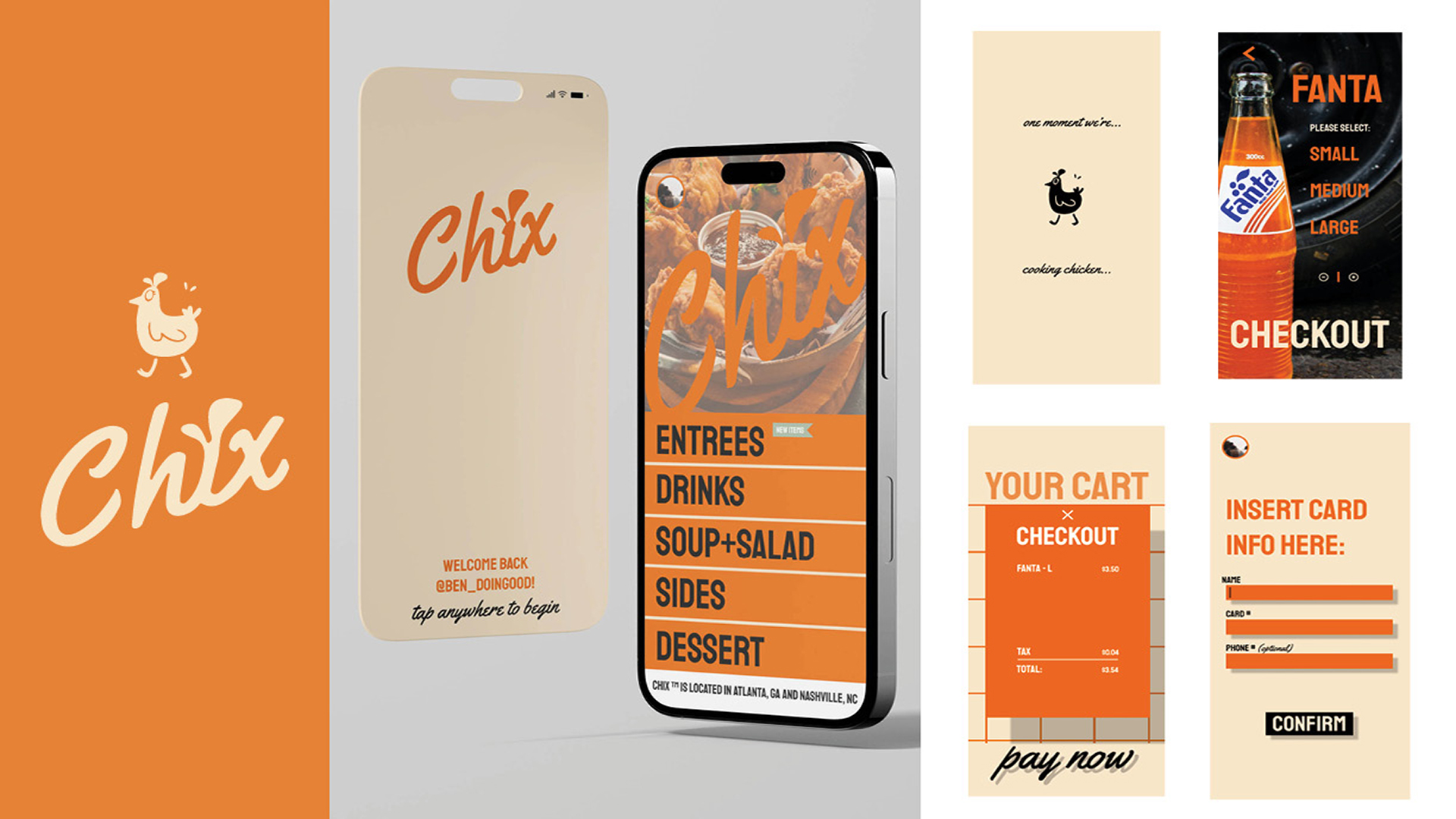 Chix / Chix is a hypothetical restaurant app that provides a quick and easy user experience. My personal goal was to create an interface that was simple and functional, without it being sterile and boring. 