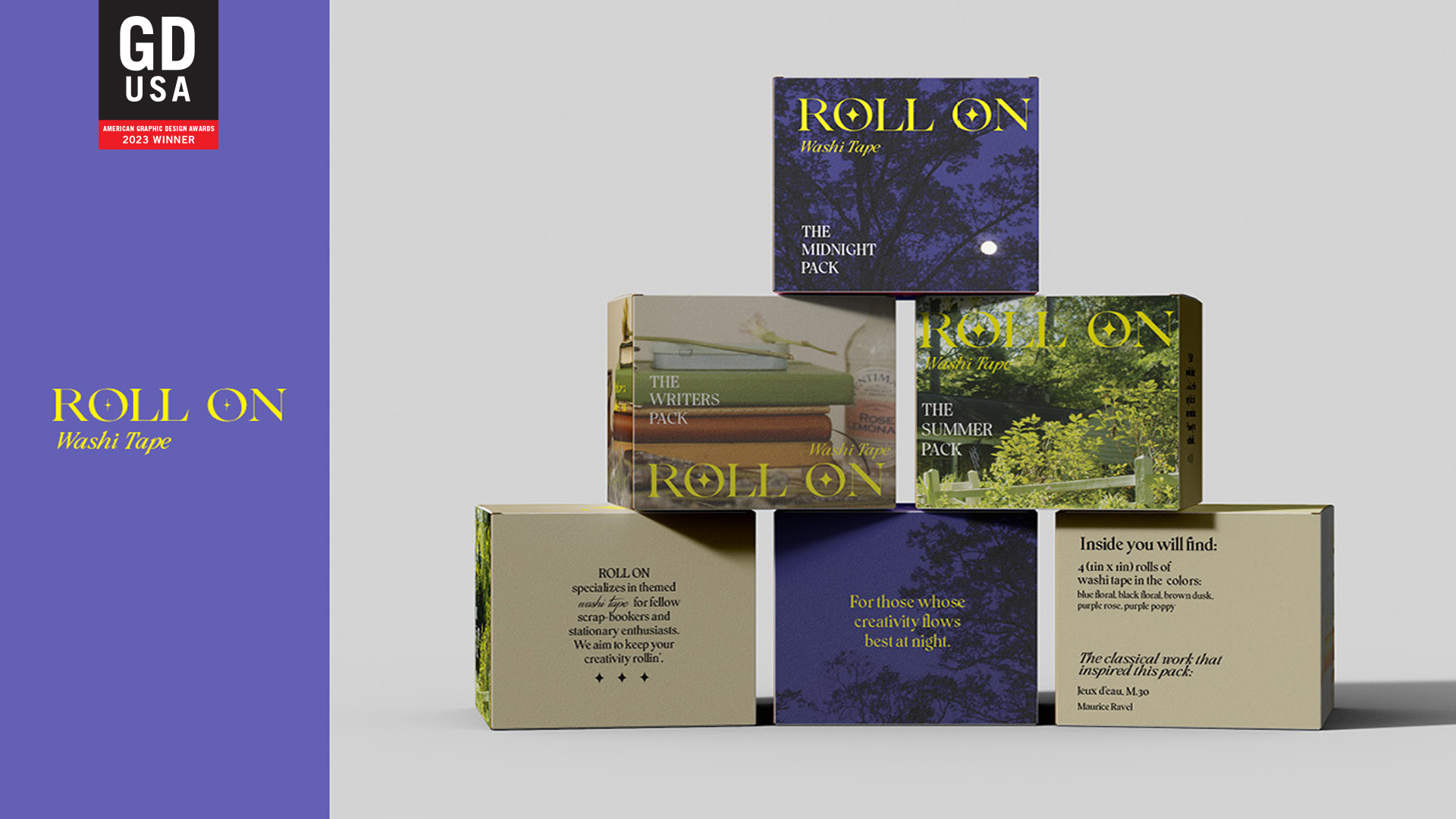 ROLL ON / “ROLL ON,” Package Design, 2x2x2 inches, 2023.
Roll On is a hypothetical company that creates specialized washi-tape. The goal of the project was to create a small package for something you would find in an office.