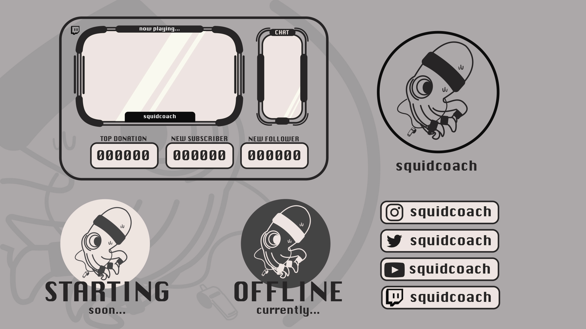 @squidcoach / “@squidcoach,” twitch stream overlay template, 2023. Designed a vector logomark and stream overlay template based on a personal video game tag.