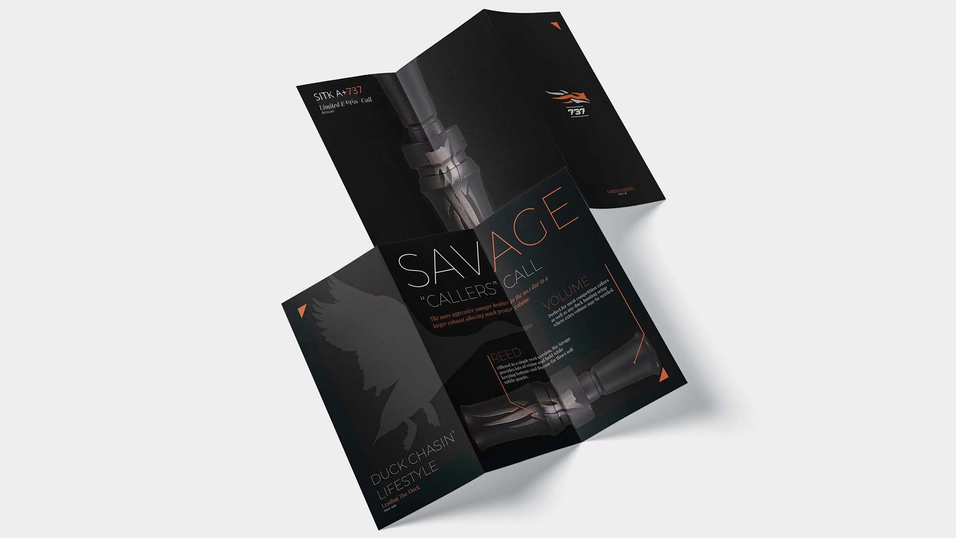 Savage / “Savage,” brochure ad, 8.5 x 11 inches, 2022. This brochure is meant to advertise this duck call while keeping the overall design clean and simple.