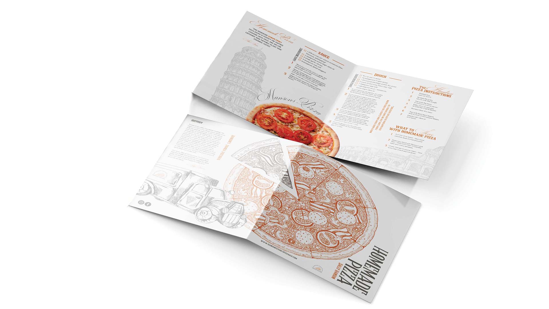 Home Made Pizza / “Home Made Pizza,” large brochure layout, 11 x 17 inches, 2023. This layout introduces the demographic of this brochure to the step by step instructions of how to make a homemade pizza.