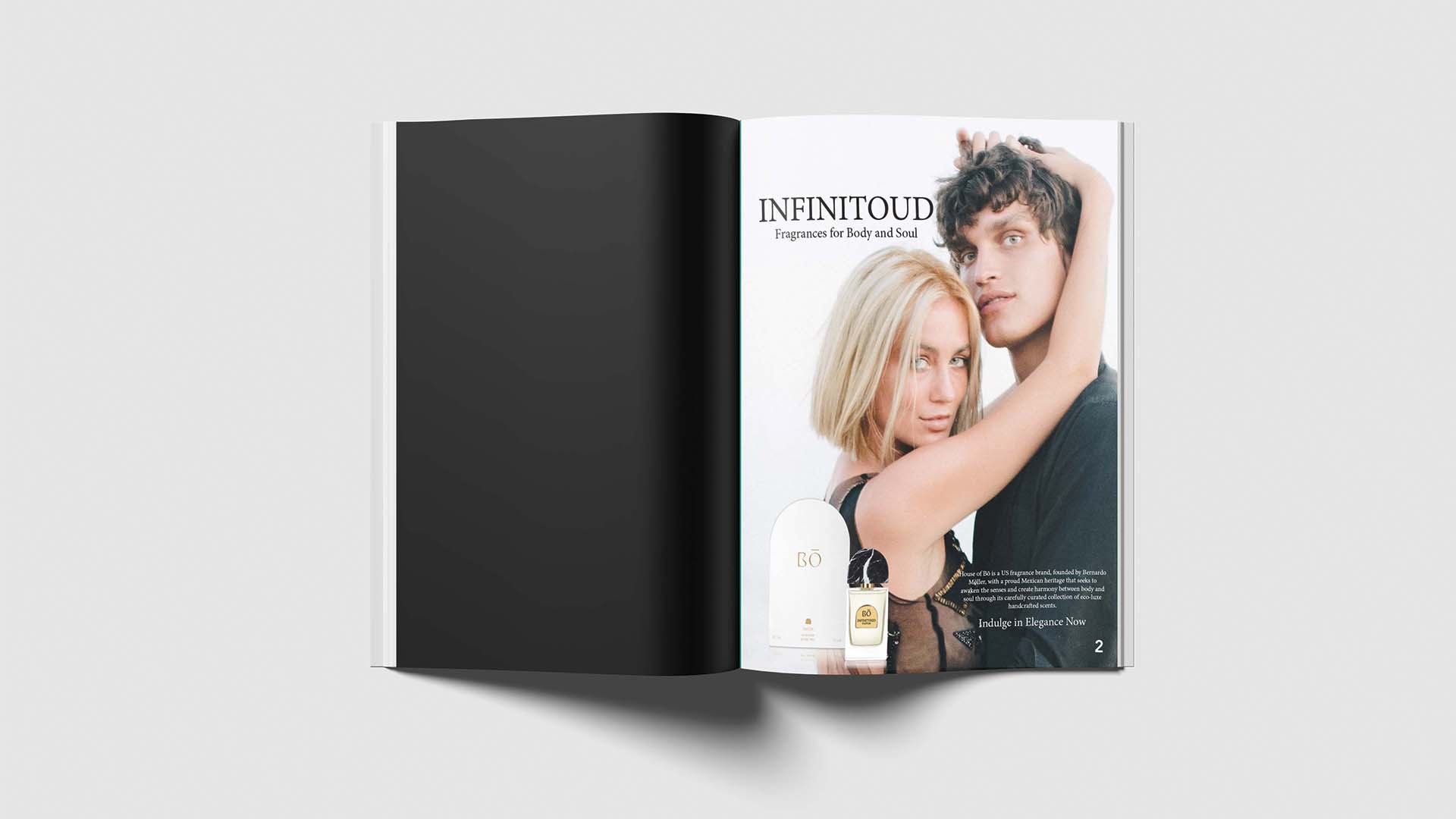 Infintoud Ad / “Infintoud Ad,” publication design/magazine spread, 11 x 17 inches, 2023. This ad introduces the demographic of this magazine to the perfume.