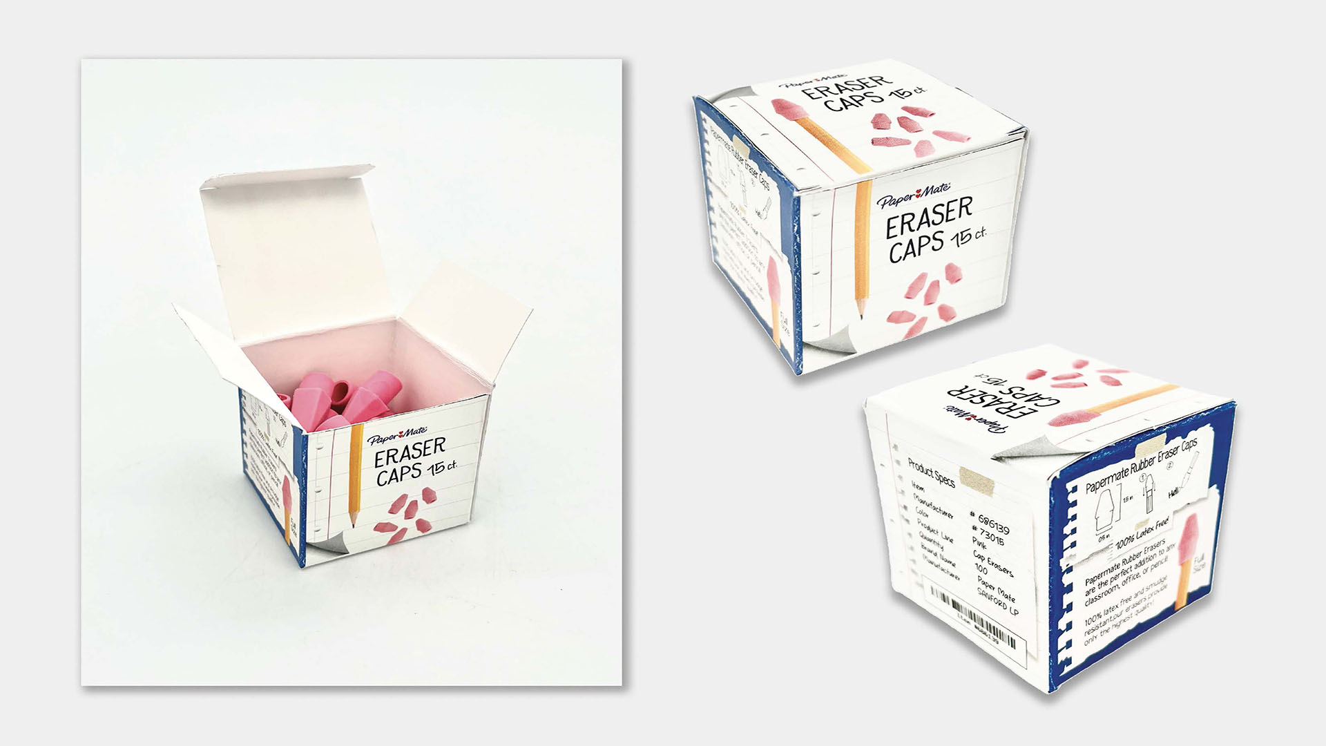 Eraser Cap Box / “Eraser Cap Box”, package design, 4 x 4 inches, 2024. This is a package designed and assembled for a brand of eraser caps targeted to school children and teachers.