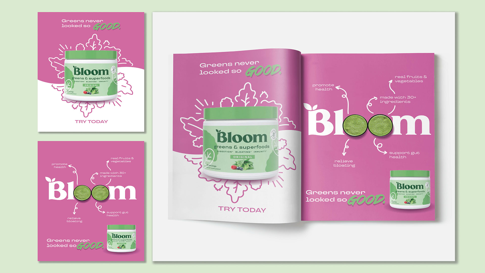 Bloom Greens Ad / “Bloom Greens Ad”, magazine ad design, 17 x 11 inches, 2023. This was a series of two magazine ad designs for the product, Bloom Greens.