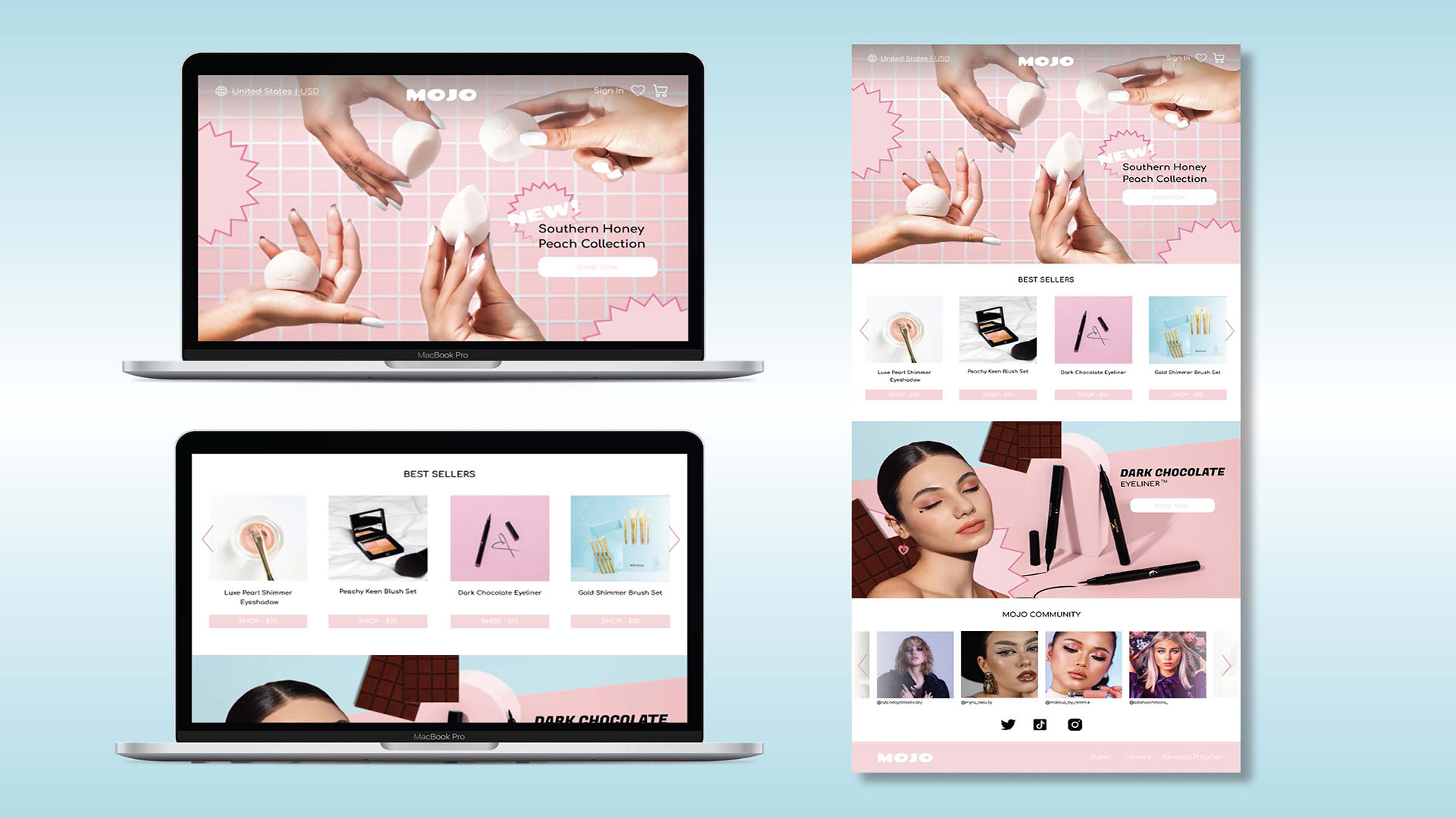 Mojo Homepage Design / "Mojo Homepage Design," faux beauty company homepage design, 17 x 38 inches digital pdf, 2024. This homepage communicates the aesthetic and shows various products of the faux beauty brand, MOJO.