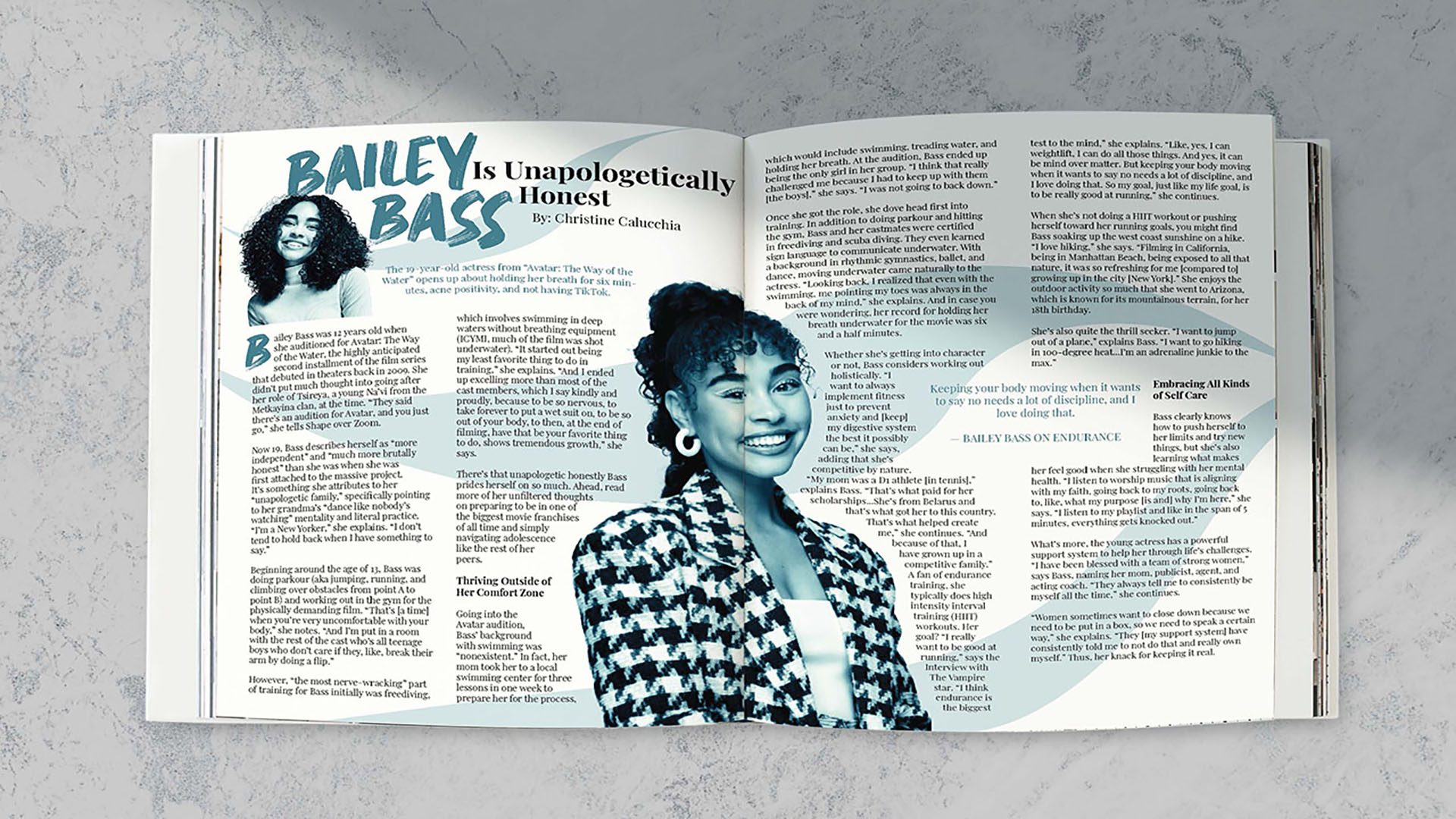 Bailey Bass Spread / “Bailey Bass Spread”, magazine spread design, 17 x 11 inches, 2023. This was a magazine spread design based around an article about actress Bailey Bass.