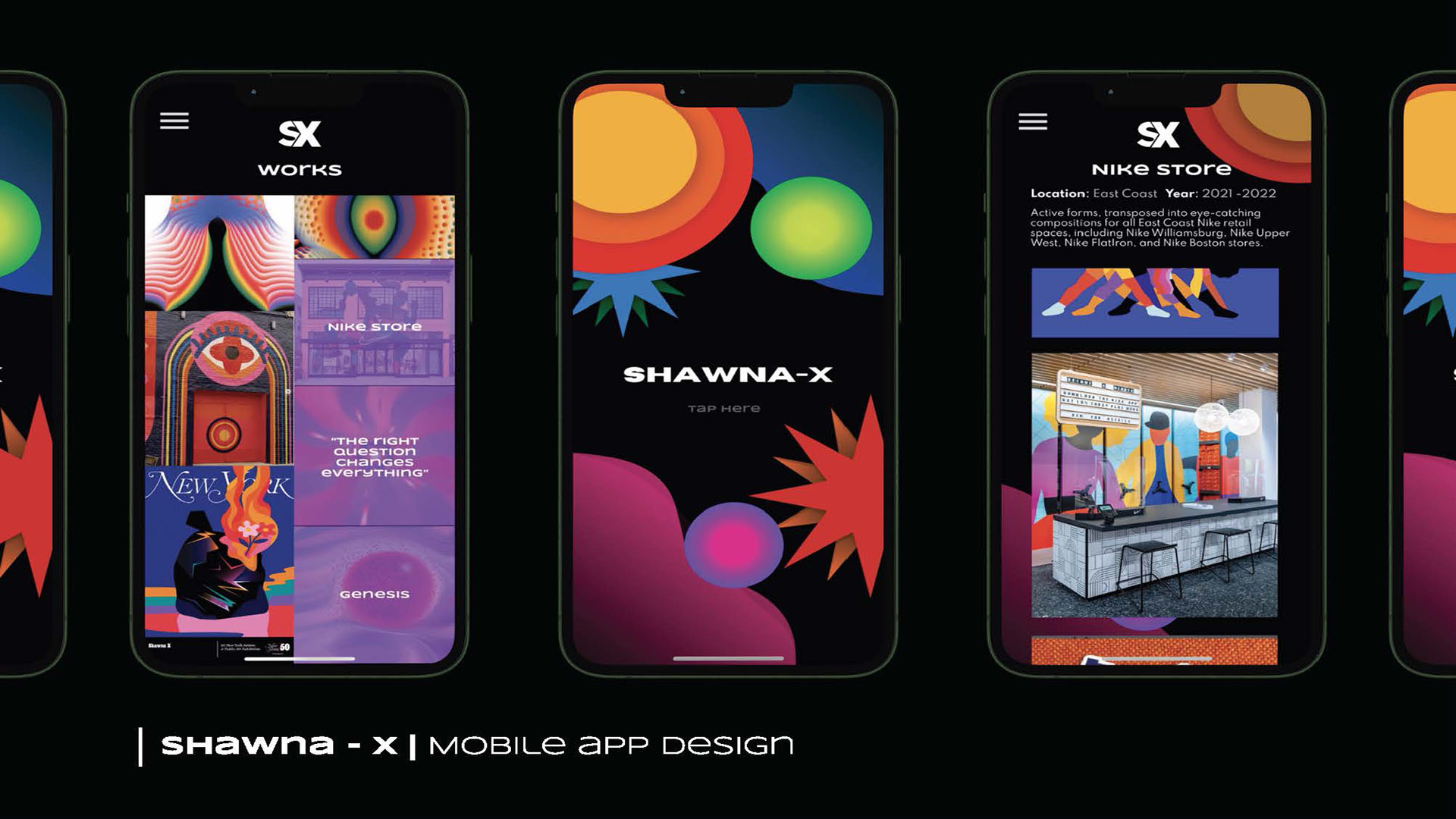 Shawna-X App / “Shawna-X App”, app design, 5 x 13 inches, 2023. This was an app designed for the artist, Shawna-X to show her work and show info about her career.