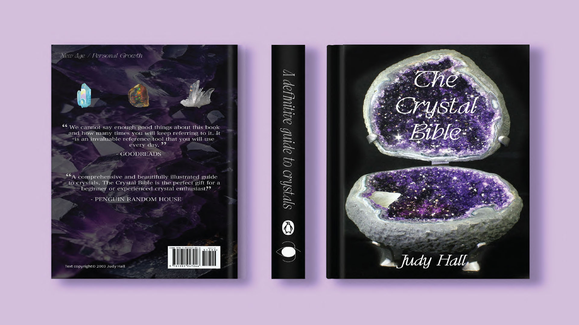 Amethyst / “Amethyst,” book design, digital, 2023. This is a redesign of the book “The Crystal Bible” by Judy Hall.