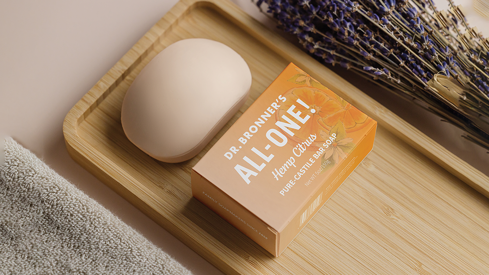 Dr. Bronner’s ALL-IN-ONE Bar Soap / “Dr. Bronner’s ALL-IN-ONE Bar Soap,” packaging, 3.75 x 3 x 1 inches rebranded packaging print, 2023. This advertising and packaging design shows a potential rebranding option for a more natural soap company.