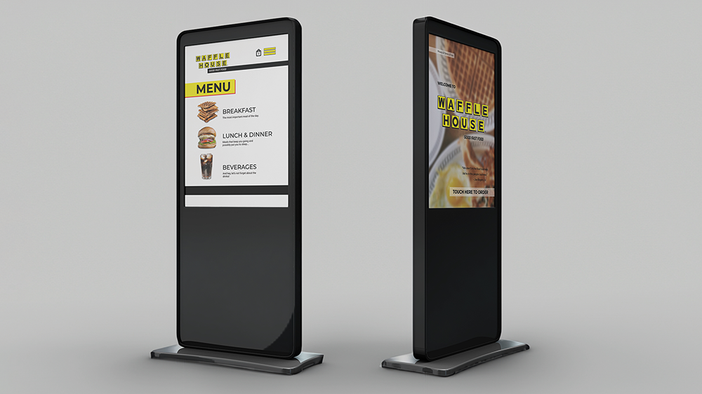 Waffle House Menu / “Waffle House Menu,” kiosk, 699 x 1800 millimeters digital ad display, 2023. This kiosk design represents a digital prototype of what a possible menu could look like for this fast food company. (https://www.figma.com/proto/37gR45m9b223yml2lfznU8/Waffle-H