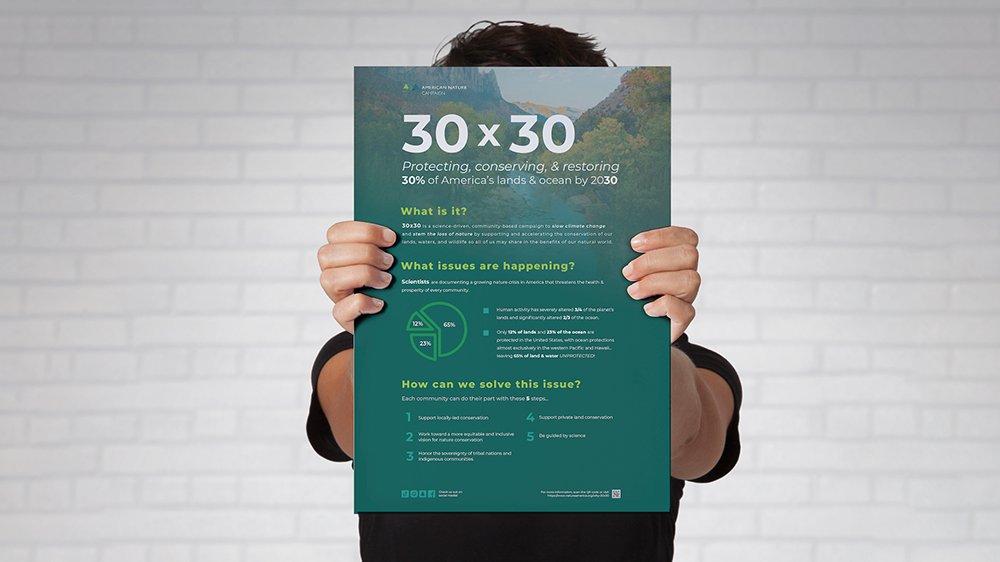 30x30, poster / “30x30,” poster, 12 x 18 inches infographic print, 2023. This poster describes a nature and wildlife campaign