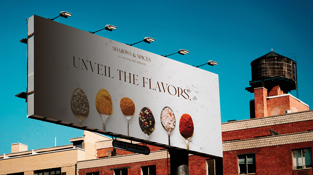 Unveil The Flavors / “Unveil The Flavors,” billboard, 14 x 48 feet print ad, 2023. This ad shows and entices the audience to try the spice company’s products with their mysterious layout and catch phrase.