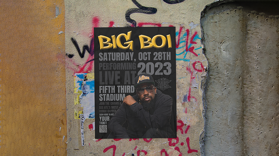 Big Boi / “Big Boi,” poster, 12 x 18 inches print ad, 2023. This ad describes an artist’s concert date, location, and time.