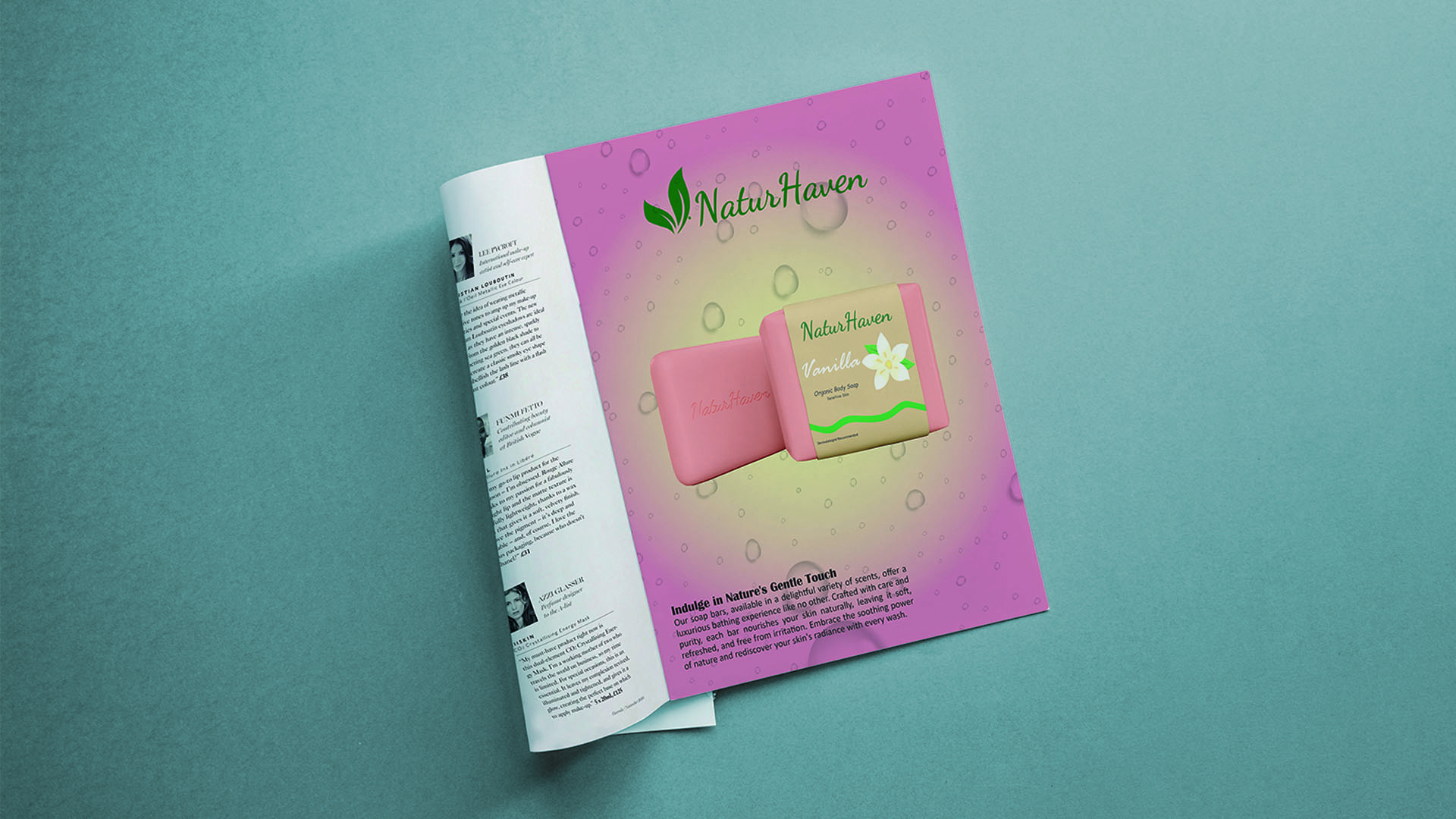 NaturHaven / "NaturHaven," magazine soap ad, 10 x 13 inches print ad, 2023. The target demographic of this magazine will be introduced to this brand of soap in the ad.