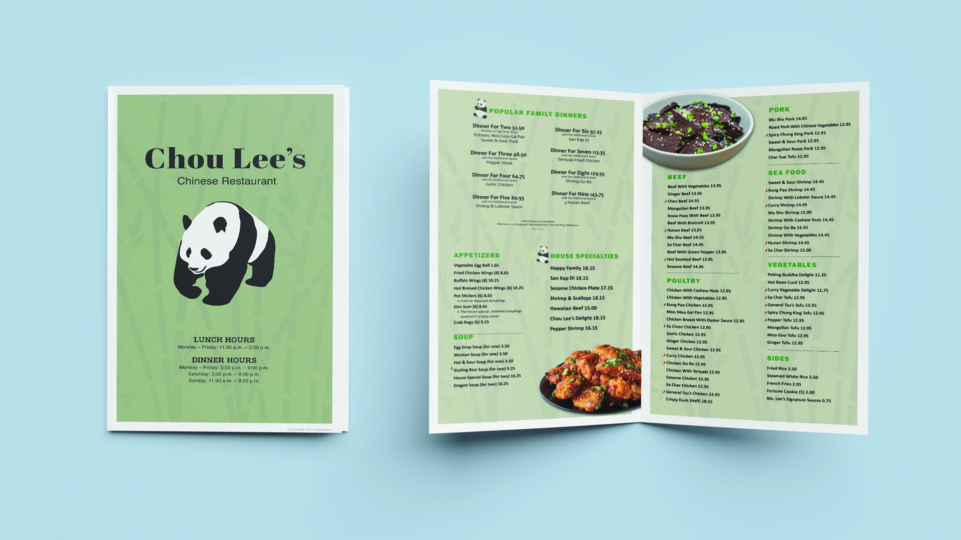 Chou Lee’s Menu / "Chou Lee’s Menu," restaurant menu, 8.5 x 14 inches print product, 2023. This menu redesign focuses on improving readability and highlighting key items to enhance the dining experience. 