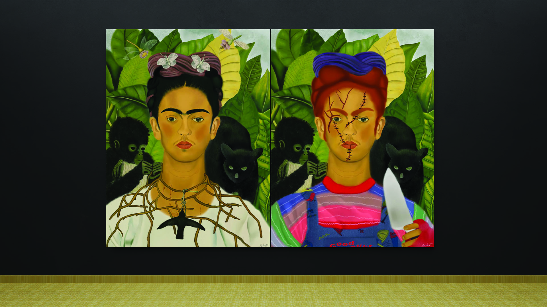 Frida Repaint and Open Interpretation / "Frida Repaint and Open Interpretation," digital repaint of master painting, 10 x 15 inches digital print product, 2020. These digital paintings offer a reinterpretation of Frida Kahlo's artwork, adding a creative twist with a Chucky cosplay theme.