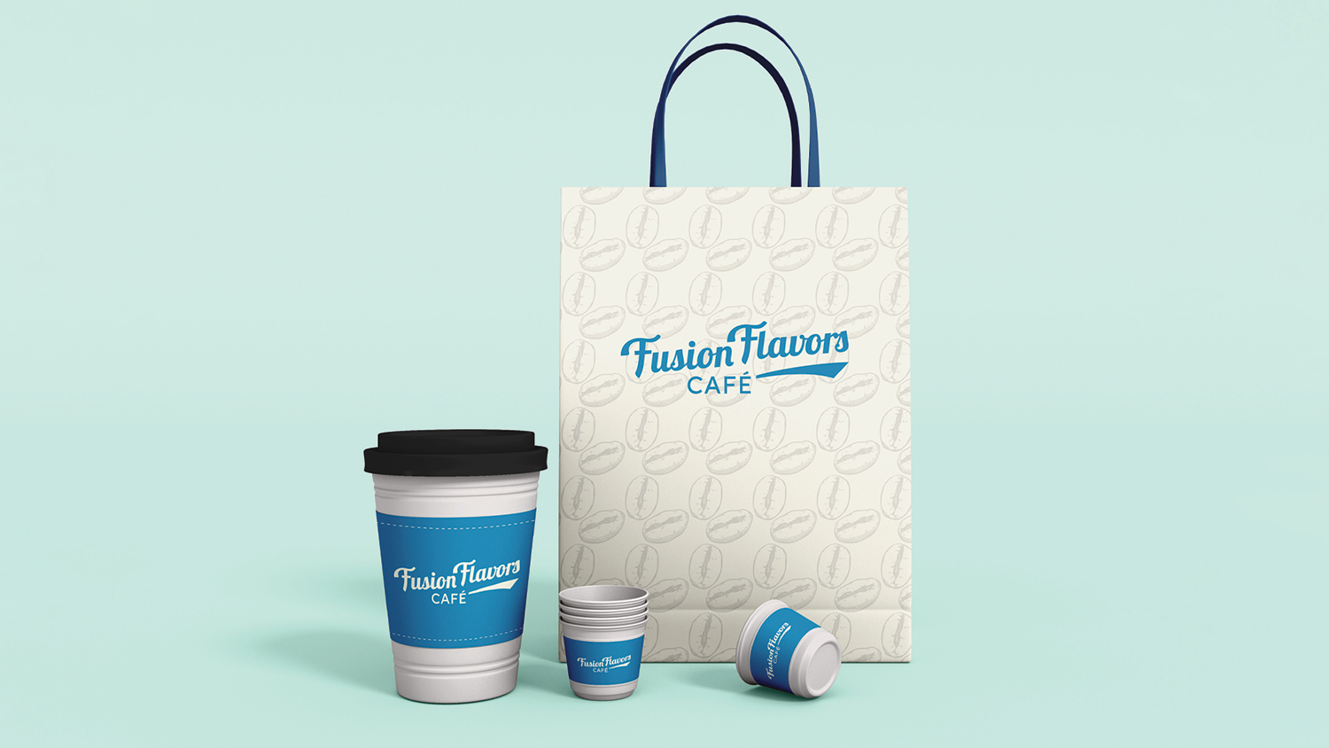 Fusion Flavors / "Fusion Flavors," coffee cup and shopping bag, cup sleeve: 3.16 x 10.32 inches, shopping bag: 7 x 4.45 x 11 inches print product, 2023. These designs help to enhance brand recognition and promote customer loyalty through cohesive visual branding across different touchpoints.