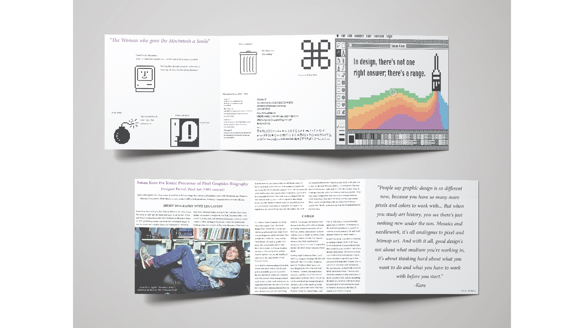 Learn About Susan Kare / “Learn About Susan Kare,” infographic z-fold brochure, 6.5 x 6.5 inches each panel 19.5 inches opened z-fold brochure, 2019. This infographic brochure introduces Susan Kare, The Iconic Precursor of Pixel Graphics.