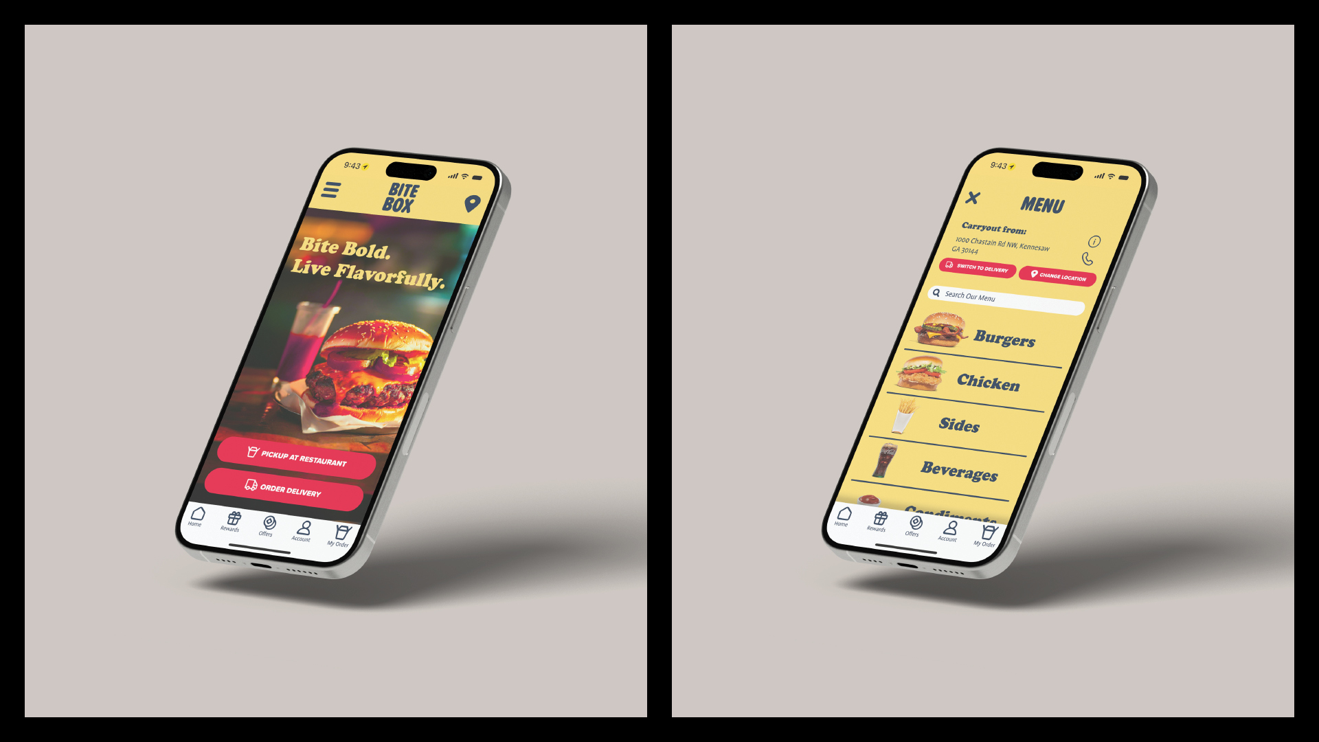 Bite Box / "Bite Box," mobile app, 393 x 852 pixels mobile devices, 2024. This app showcases a self-created fictional restaurant, Bite Box