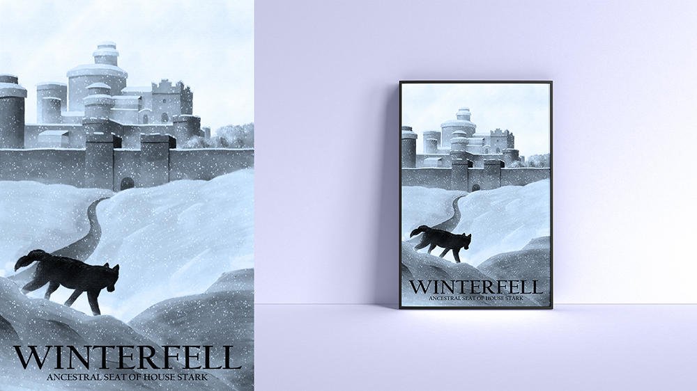 Winterfell Travel Poster / "Winterfell Travel Poster," poster, 11 x 17 inches print, 2023. This illustration depicts the fictional city of Winterfell from the television show, Game of Thrones.