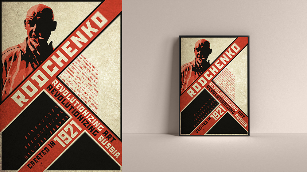 Rodchenko / "Rodchenko," typography poster, 1350 x 1920 pixels web, 2023. This poster pays homage to the legacy, style, and typography of Alexander Rodchenko.