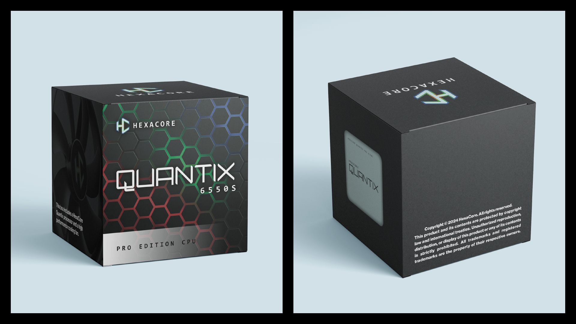 Hexacore Quantix 6550s / "Hexacore Quantix 6550s," product packaging, 2 x 2 x 2 inches product, 2024. This packaging showcases a self-created fictional gaming CPU, Quantix 5660s, by Hexacore.